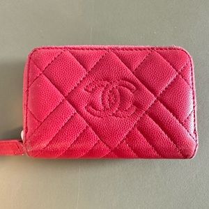 Chanel Dark Pink Compact Quilted Zip Around Wallet